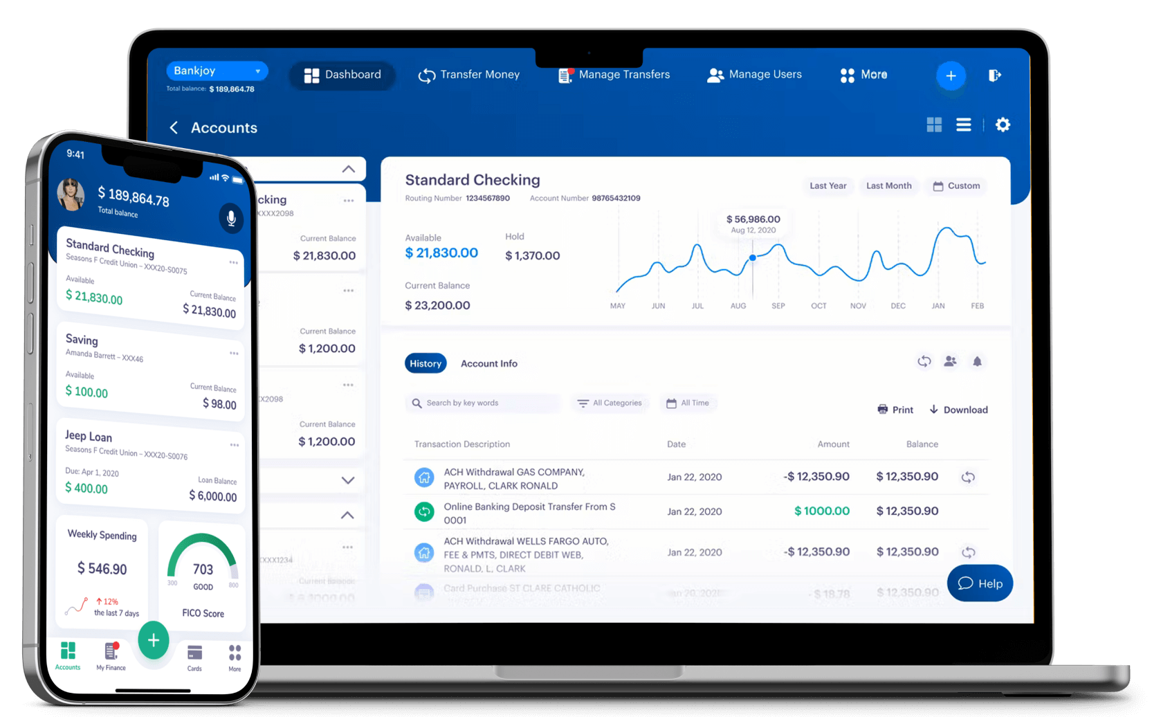 Business Banking user interface on a phone and laptop